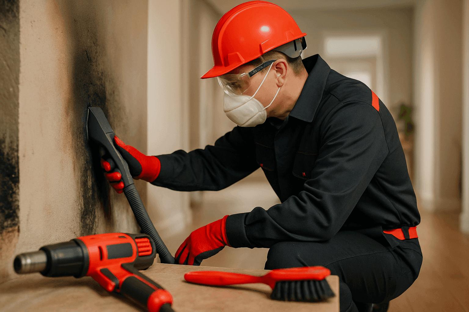 Fire restoration worker in PPE inspecting a clean, lightly damaged residential interior